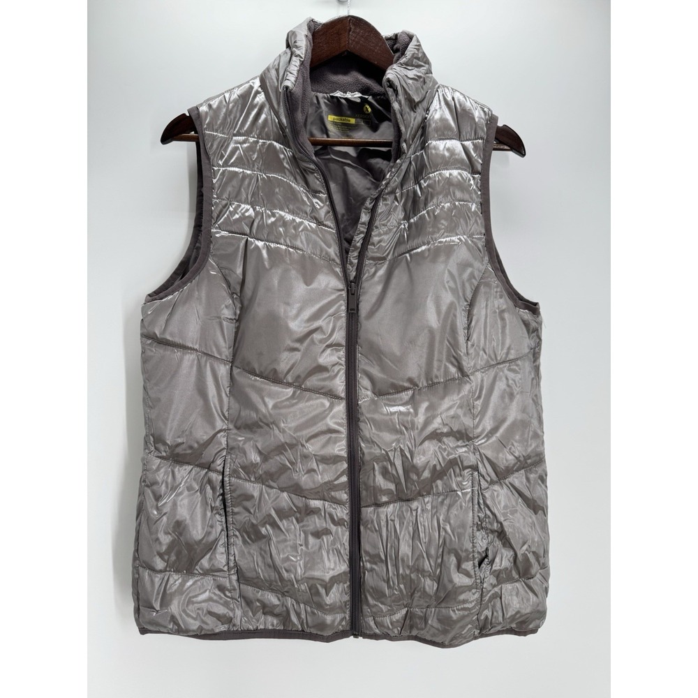 Xersion Packable Puffer Vest Gray Metallic Zip Quilted Women's Large Outdoor